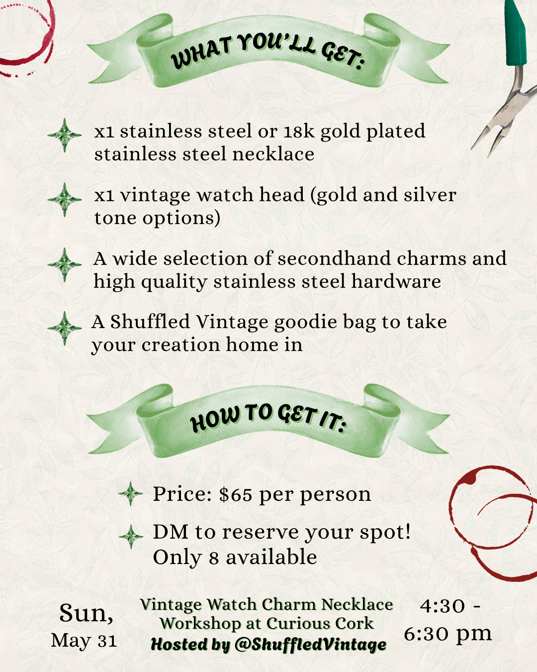 Upcycled Watch Charm Necklace Workshop Reservation: May 31st 2026
